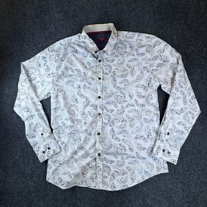 DE-NIKO Shirt Mens XL White Brown Feather Print Bamboo Stretch Casual Button Up